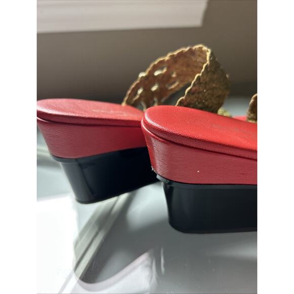 stephane kelian Paris WOVEN Leather Platform Sandals GOLD RED BLACK 6 1/2 7 euc - Picture 14 of 16